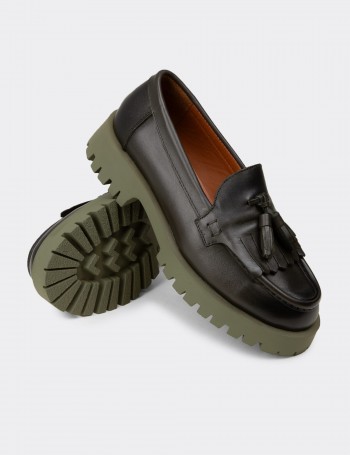 Kadın Hakiki Deri Yeşil Püsküllü Loafer - 02033ZYSLC02