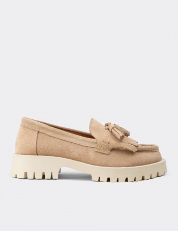 Kadın Hakiki Süet Bej Püsküllü Loafer - 02033ZBEJC01