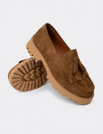 Kadın Hakiki Süet Taba Renkli Püsküllü Loafer - 02033ZTBAC01