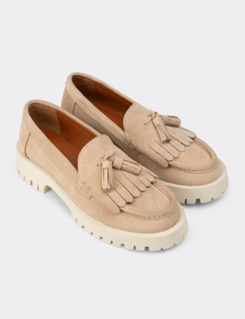 Kadın Hakiki Süet Bej Püsküllü Loafer - 02033ZBEJC01