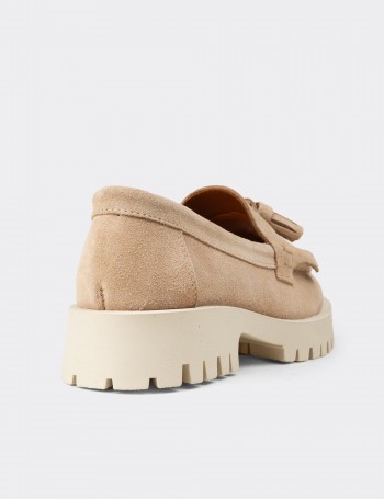 Kadın Hakiki Süet Bej Püsküllü Loafer - 02033ZBEJC01