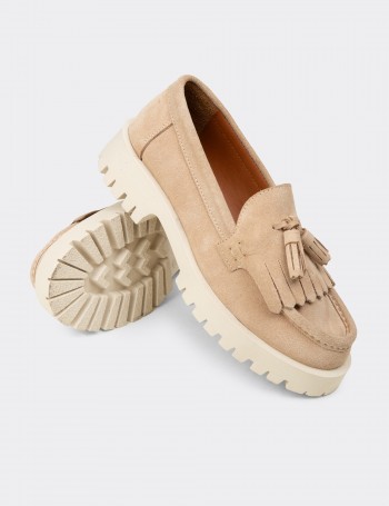 Kadın Hakiki Süet Bej Püsküllü Loafer - 02033ZBEJC01