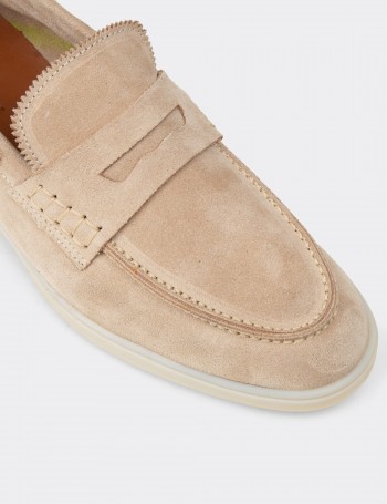 Erkek Hakiki Süet Bej Loafer Ayakkabı - 02028MBEJC01