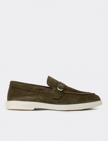 Erkek Hakiki Süet Yeşil Tokalı Loafer - 02031MYSLC01