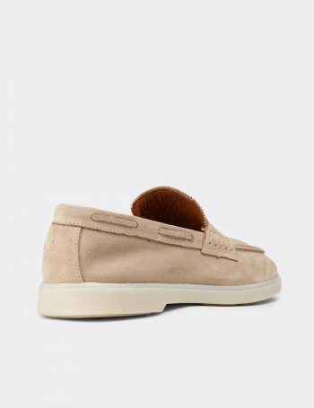 Erkek Hakiki Süet Bej Loafer Ayakkabı - 02028MBEJC01