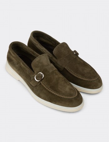 Erkek Hakiki Süet Yeşil Tokalı Loafer - 02031MYSLC01