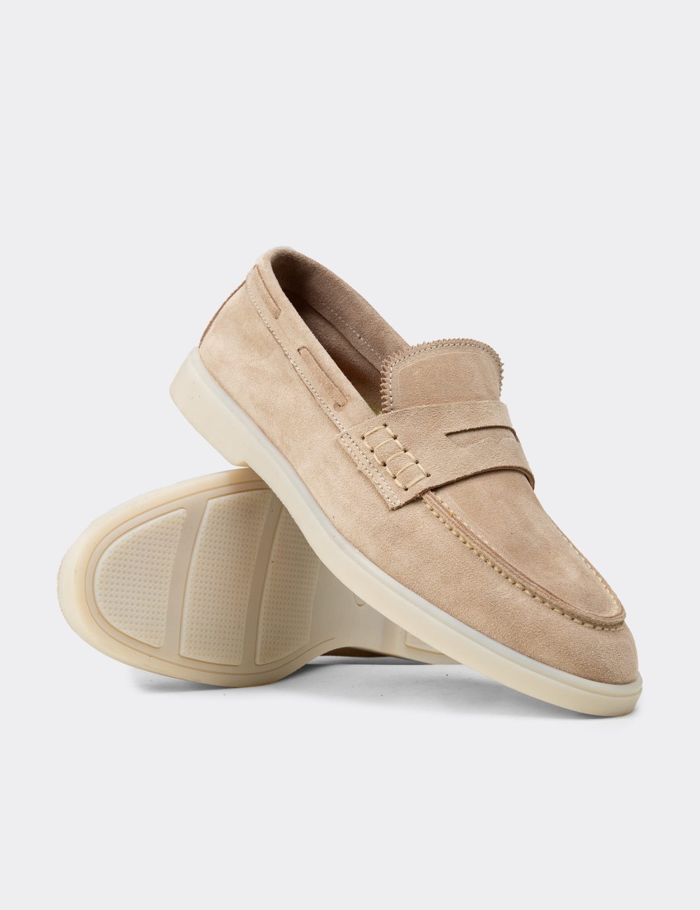Erkek Hakiki Süet Bej Loafer Ayakkabı - 02028MBEJC01