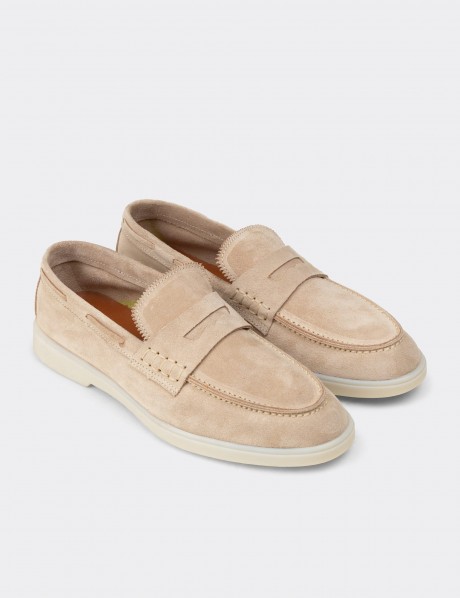 Erkek Hakiki Süet Bej Loafer Ayakkabı