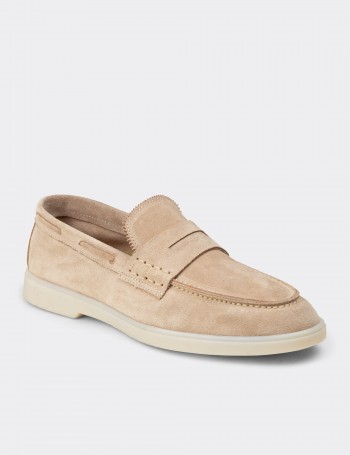 Erkek Hakiki Süet Bej Loafer Ayakkabı - 02028MBEJC01
