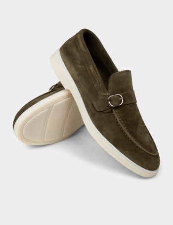 Erkek Hakiki Süet Yeşil Tokalı Loafer - 02031MYSLC01
