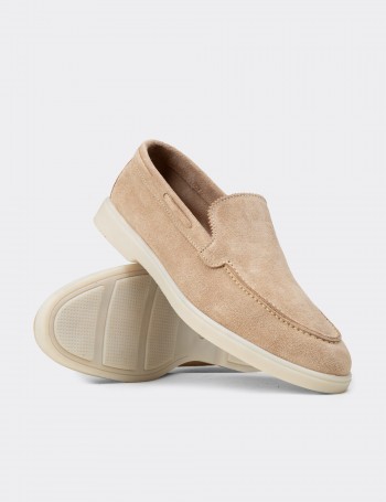 Erkek Hakiki Süet Bej Loafer Ayakkabı - 02032MBEJC01