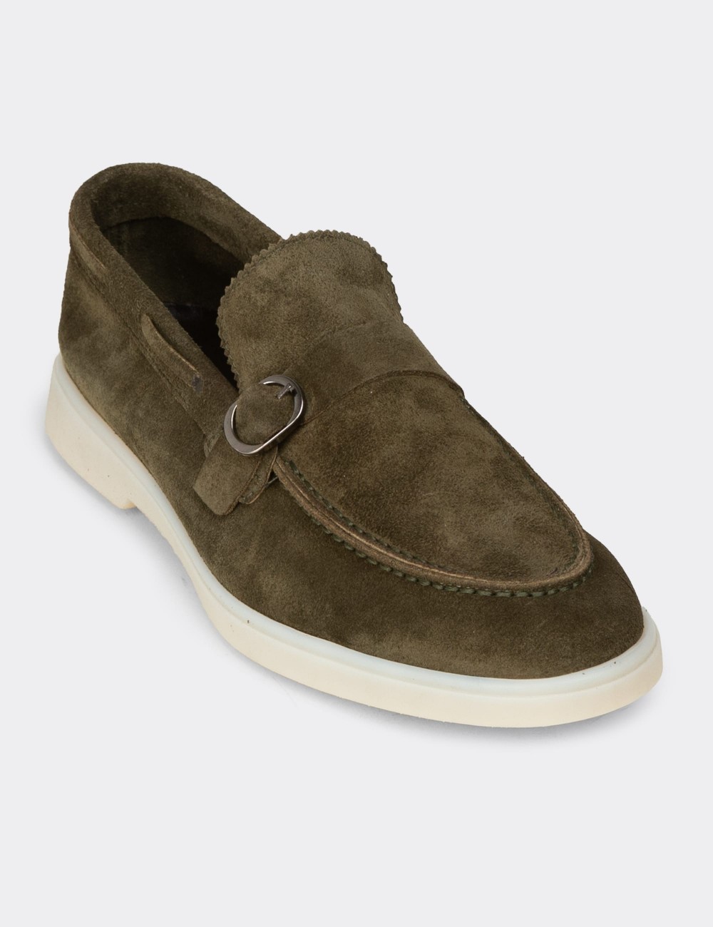 Erkek Hakiki Süet Yeşil Tokalı Loafer - 02031MYSLC01