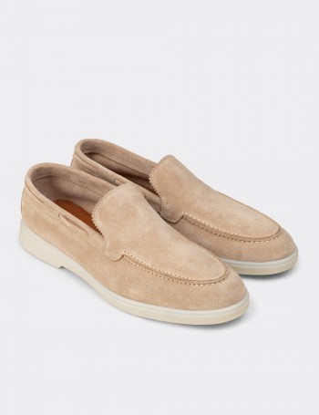 Erkek Hakiki Süet Bej Loafer Ayakkabı - 02032MBEJC01