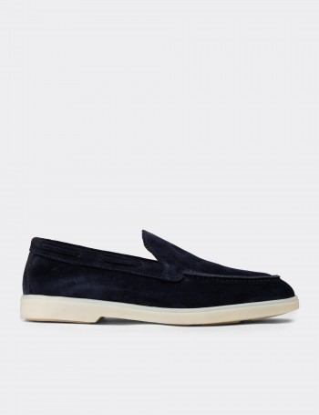 Erkek Hakiki Süet Lacivert Loafer Ayakkabı - 02032MLCVC01