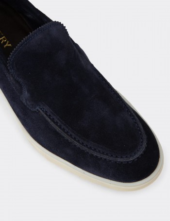 Erkek Hakiki Süet Lacivert Loafer Ayakkabı - 02032MLCVC01