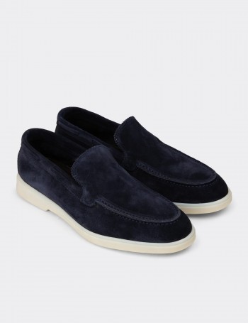 Erkek Hakiki Süet Lacivert Loafer Ayakkabı - 02032MLCVC01