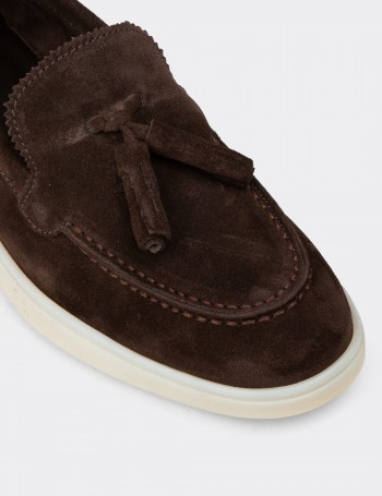 Kadın Hakiki Süet Kahverengi Püsküllü Loafer - 02040ZKHVC01