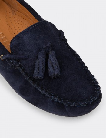 Kadın Hakiki Süet Lacivert Püsküllü Loafer - DL506ZLCVC01