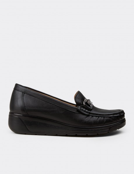 Kadın Hakiki Deri Siyah Dolgu Topuk Loafer