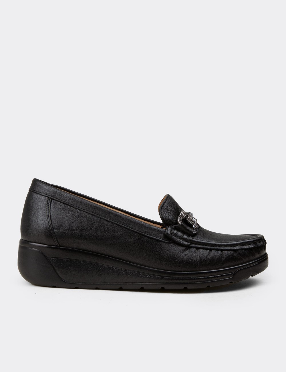 Kadın Hakiki Deri Siyah Dolgu Topuk Loafer - N1742ZSYHC01