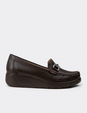 Kadın Hakiki Deri Kahverengi Dolgu Topuk Loafer