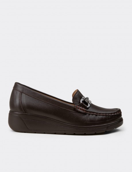 Kadın Hakiki Deri Kahverengi Dolgu Topuk Loafer