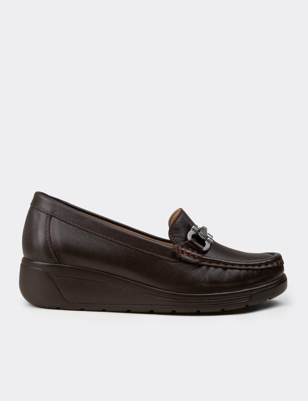 Kadın Hakiki Deri Kahverengi Dolgu Topuk Loafer - N1742ZKHVC01