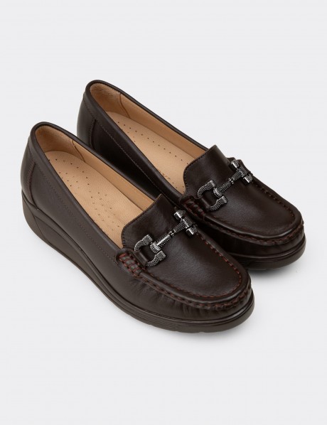 Kadın Hakiki Deri Kahverengi Dolgu Topuk Loafer