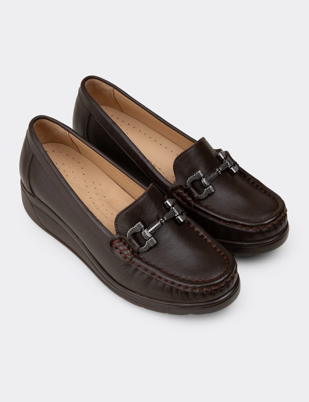 Kadın Hakiki Deri Kahverengi Dolgu Topuk Loafer - N1742ZKHVC01