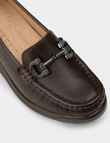 Kadın Hakiki Deri Kahverengi Dolgu Topuk Loafer - N1742ZKHVC01