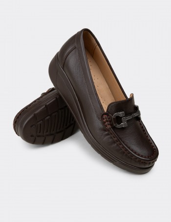 Kadın Hakiki Deri Kahverengi Dolgu Topuk Loafer - N1742ZKHVC01