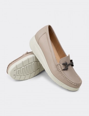 Kadın Hakiki Deri Bej Dolgu Topuk Loafer - N1742ZBEJC01