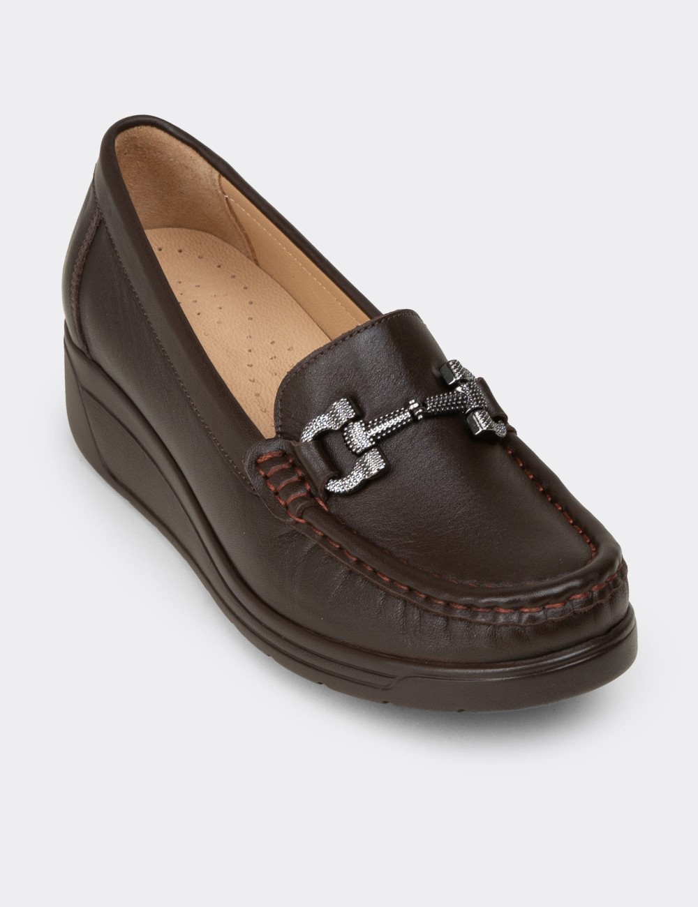 Kadın Hakiki Deri Kahverengi Dolgu Topuk Loafer - N1742ZKHVC01