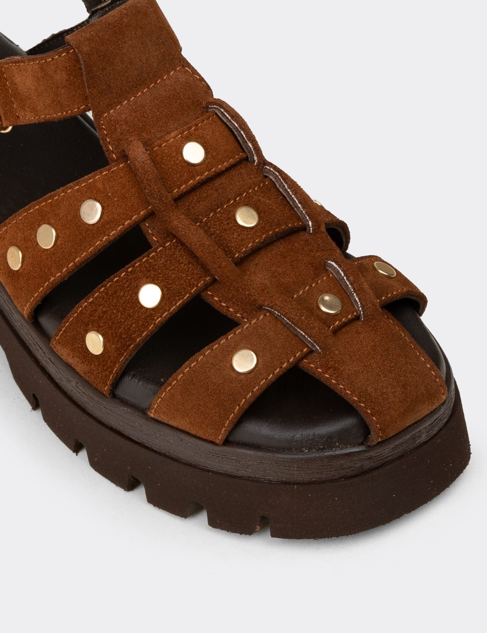 Kadın Hakiki Süet Taba Renk Kafesli Sandalet - 22303ZTBAC01