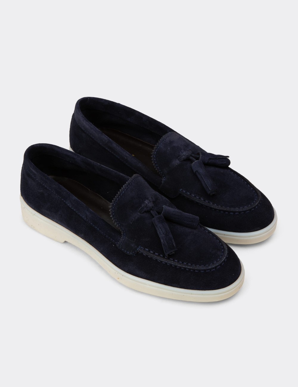 Kadın Hakiki Süet Lacivert Püsküllü Loafer - 02040ZLCVC01