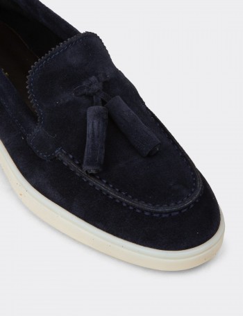 Kadın Hakiki Süet Lacivert Püsküllü Loafer - 02040ZLCVC01