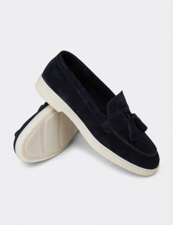 Kadın Hakiki Süet Lacivert Püsküllü Loafer - 02040ZLCVC01