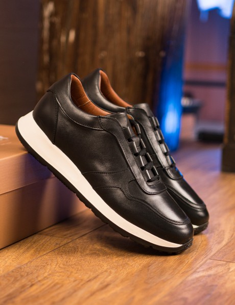 Erkek Hakiki Deri Siyah Sneaker Ayakkabı