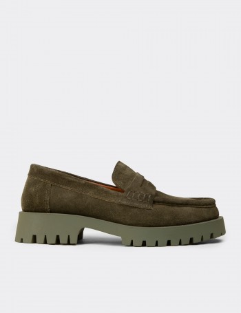 Kadın Hakiki Süet Haki Loafer Ayakkabı - 02034ZHAKC02