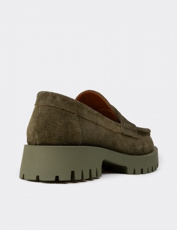 Kadın Hakiki Süet Haki Loafer Ayakkabı - 02034ZHAKC02