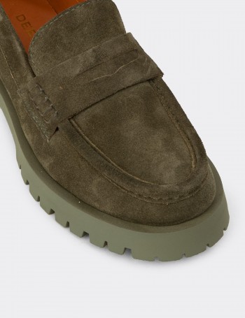 Kadın Hakiki Süet Haki Loafer Ayakkabı - 02034ZHAKC02