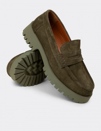 Kadın Hakiki Süet Haki Loafer Ayakkabı - 02034ZHAKC02