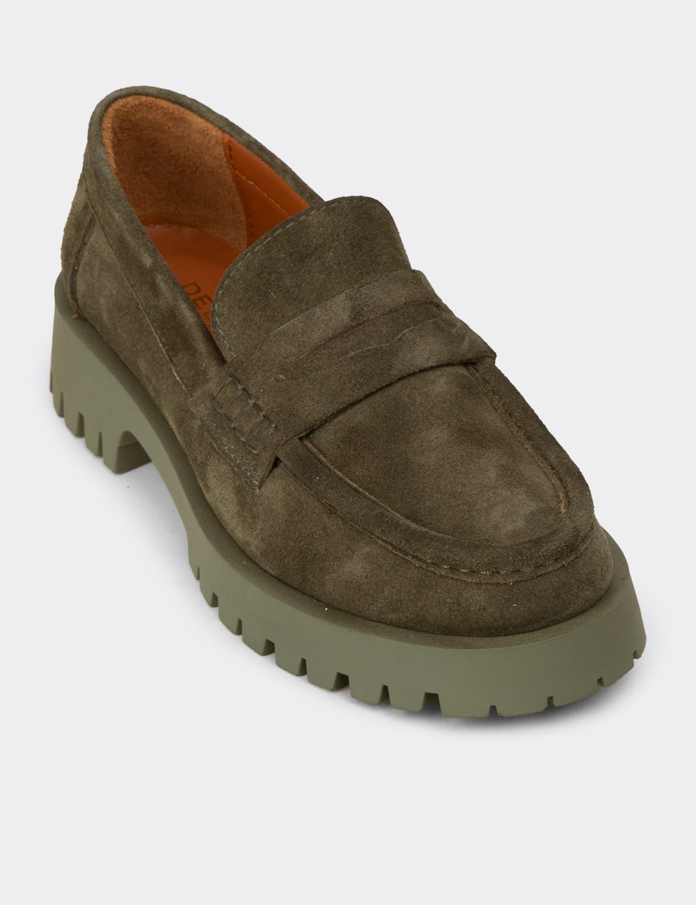 Kadın Hakiki Süet Haki Loafer Ayakkabı - 02034ZHAKC02