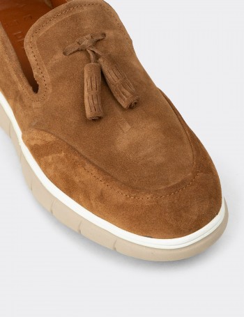Erkek Hakiki Süet Taba Rengi Püsküllü Loafer - 02048MTBAE01