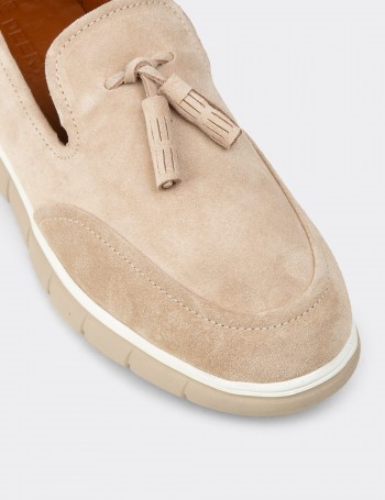 Erkek Süet Bej Püsküllü Loafer Ayakkabı - 02048MBEJE01