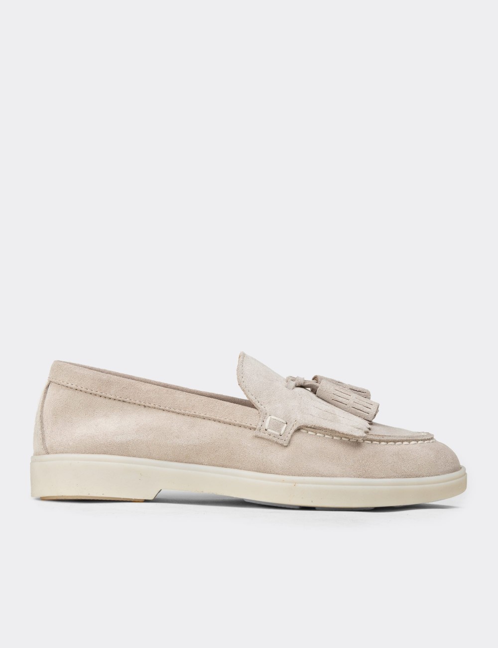 Kadın Hakiki Süet Gri Püsküllü Loafer - 02042ZGRIC01