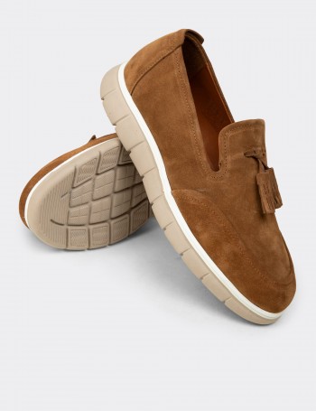 Erkek Hakiki Süet Taba Rengi Püsküllü Loafer - 02048MTBAE01