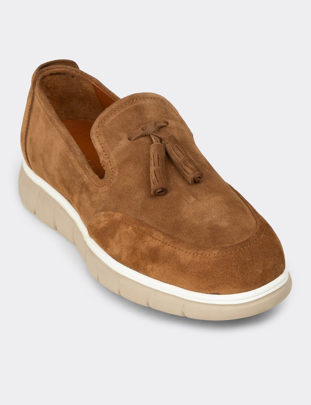 Erkek Hakiki Süet Taba Rengi Püsküllü Loafer - 02048MTBAE01