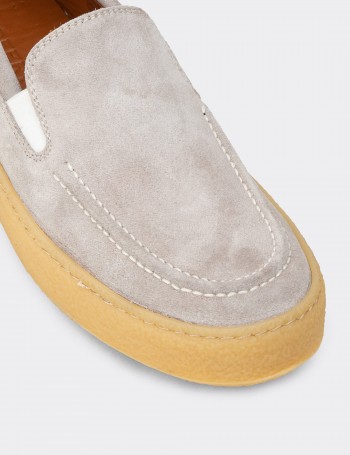 Erkek Hakiki Süet Gri Loafer Ayakkabı - 02047MGRIC01
