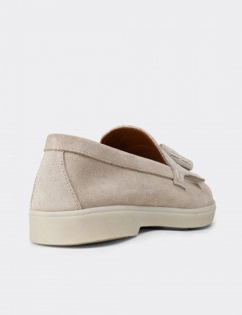 Kadın Hakiki Süet Gri Püsküllü Loafer - 02042ZGRIC01